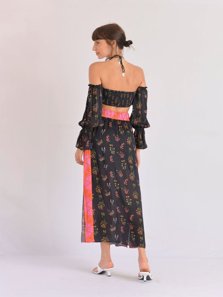 Moana Ruched Bustier & Scarf Sarong Skirt Set (Black)