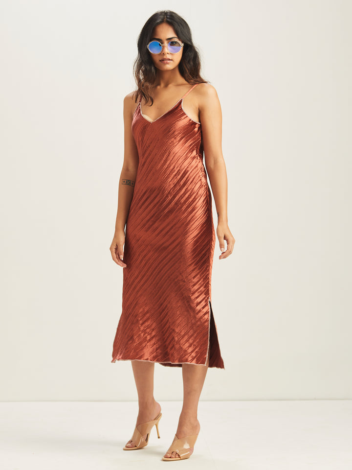 Hayat Pleated Bias Slip Dress (Rust)