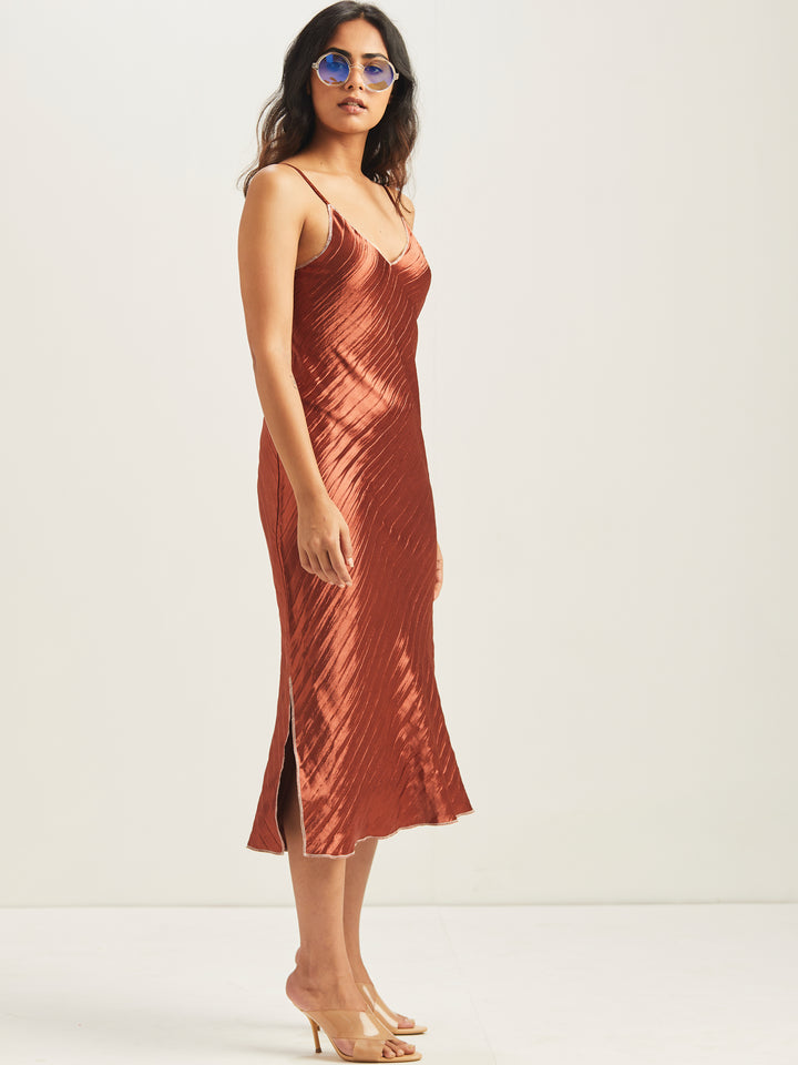 Hayat Pleated Bias Slip Dress (Rust)