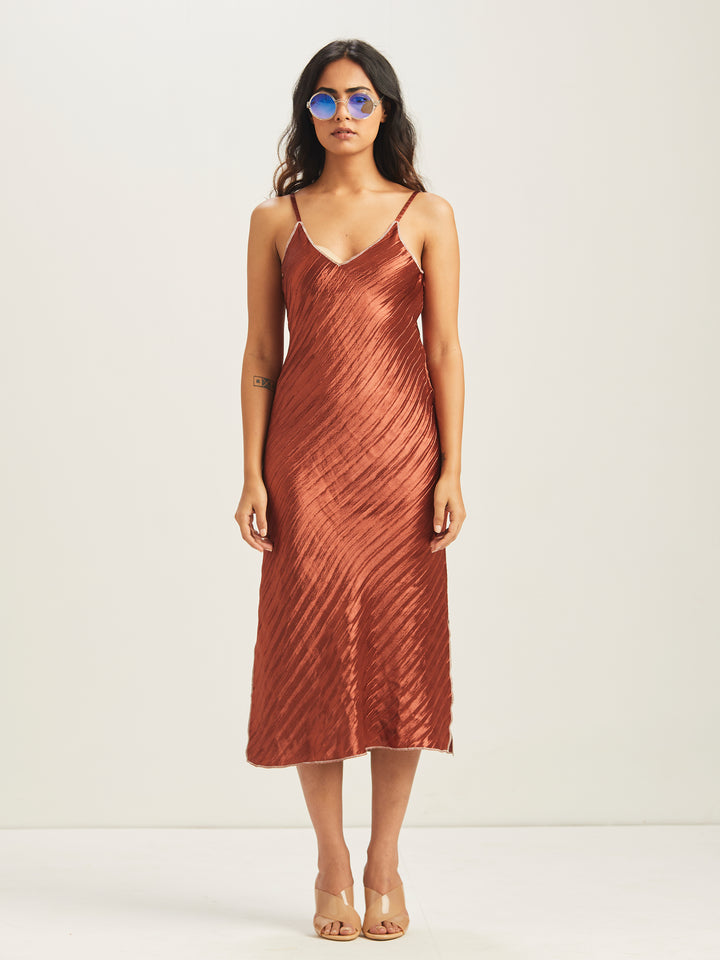 Hayat Pleated Bias Slip Dress (Rust)