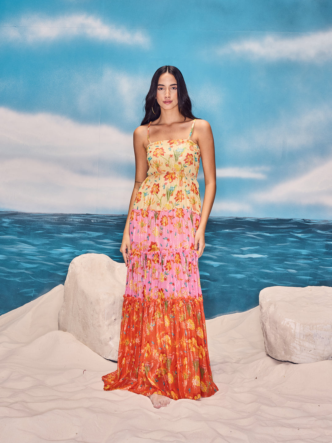 sunset maxi dress A Satin - Orange and Coral Pink Front cut outs Nargis Shimmer Sunset Maxi Multicolored
