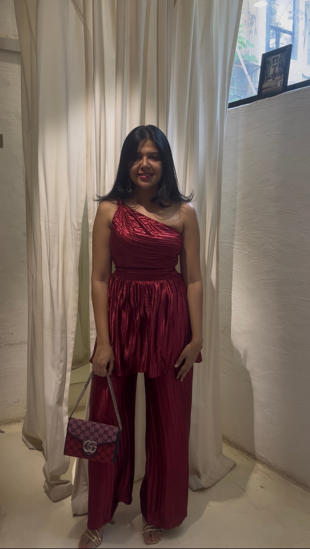Metallic One shoulder Mini & Pants Set