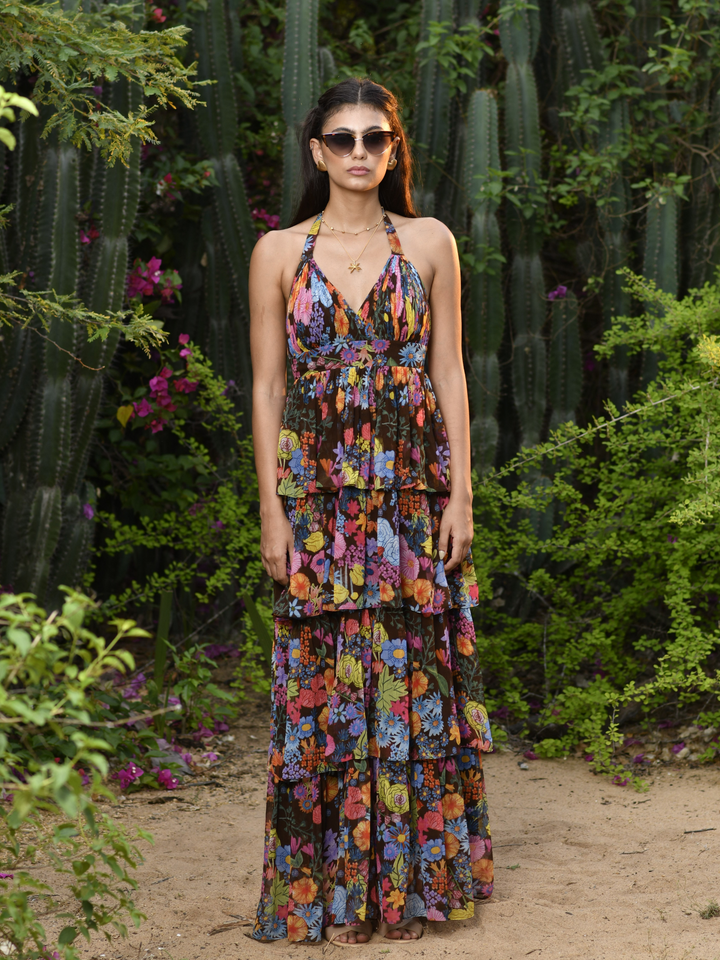 Midnight Rose Layered Halter Maxi Dress